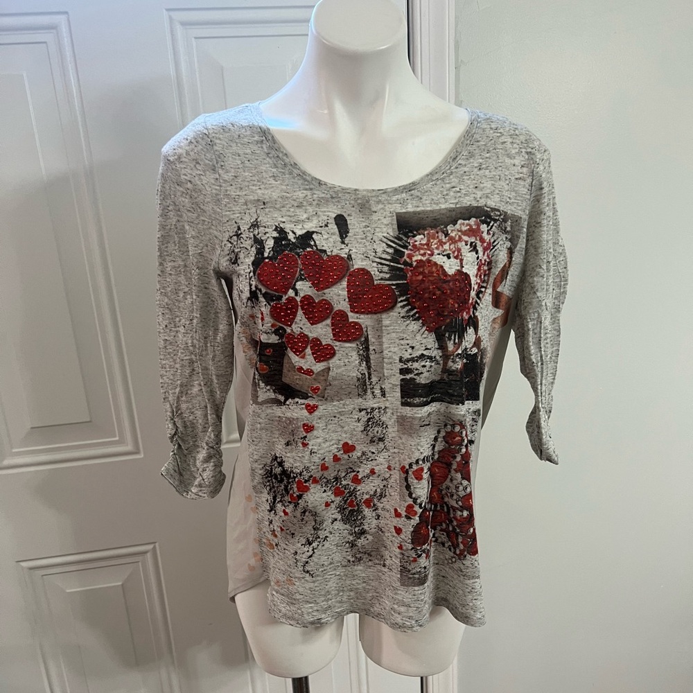 Style & Co. Gray Red Graphic Blouse Relaxed Fit